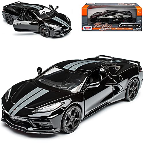 Motormax Chevrolet Chevy Corvette C8 Singray Coupe Schwarz mit Streifen Ab 2020 1/24 Modell Auto mit individiuellem Wunschkennzeichen von Motormax
