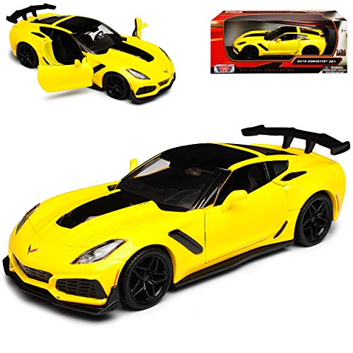 Motormax Chevrolet Corvette ZR1 C7 Z06 Coupe Gelb mit Streifen in Schwarz Modell Ab 2013 Version 2019 1/24 Modell Auto mit individiuellem Wunschkennzeichen von Motormax