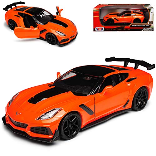 Motormax Chevrolet Corvette ZR1 C7 Z06 Coupe Orange Rot mit Streifen in Schwarz Modell Ab 2013 Version 2019 1/24 Modell Auto mit individiuellem Wunschkennzeic.. von Motormax