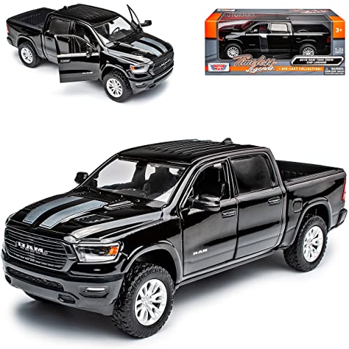 Motormax Dodge Ram 1500 Pick-Up Doppelkabine Schwarz mit Streifen 5. Generation Ab 2019 1/24 Modell Auto mit individiuellem Wunschkennzeichen von Motormax