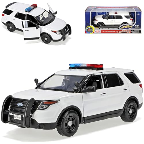 Motormax Ford Explorer SUV Police Interceptor Weiss mit Licht und Sound 5. Generation 2010-2019 1/24 Modell Auto von Motormax