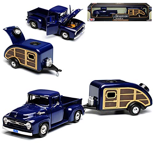 Motormax Ford F-100 Pickup 1956 Blau mit Wohnwagen Anhänger Blau 1/24 Modell Auto von Motormax