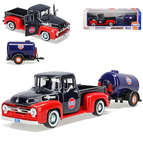 Motormax Ford F100 Pick-up 2. Generation Blau Pritsche Oldtimer mit Tanker Anhänger 1953-1956 1/24 Modell Auto mit individiuellem Wunschkennzeichen von Motormax