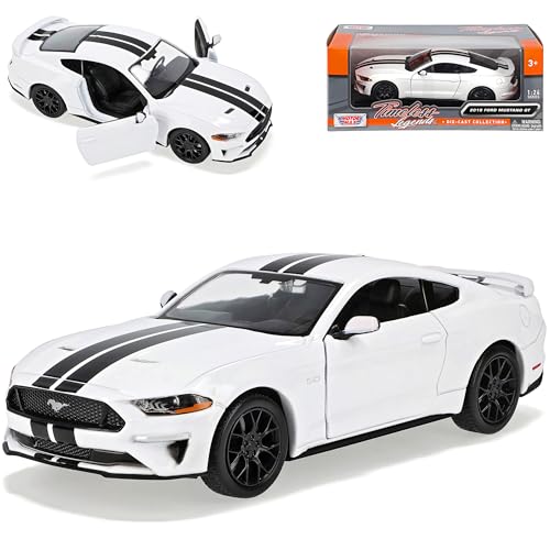 Motormax Ford Mustang VI Coupe Weiss mit Streifen in Schwarz Modell Ab 2014 Version ab Facelift 2017-2023 1/24 Modell Auto von Motormax