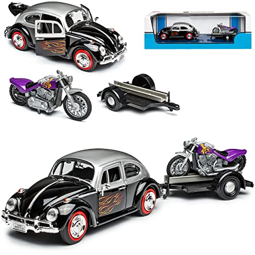 Motormax Volkwagen Käfer 1300 Coupe Schwarz mit Flammen und Anhänger mit Motorrad 1961-1974 1/24 Modell Auto mit individiuellem Wunschkennzeichen von Motormax