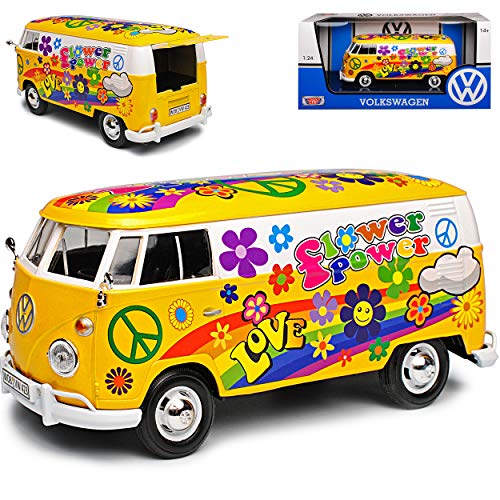 Motormax Volkwagen T1 Flower Power Gelb Love and Peace Blumen 1950-1967 1/24 Modell Auto mit individiuellem Wunschkennzeichen von Motormax