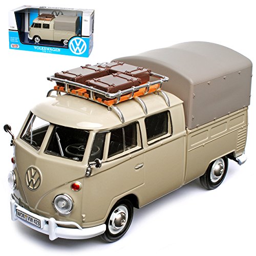 Motormax Volkwagen T1 Grau Pick-Up und Plane mit Dachträger Samba Bully Bus 1950-1967 1/24 Modell Auto mit individiuellem Wunschkennzeichen von Motormax