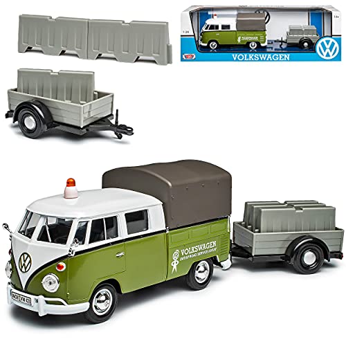 Motormax Volkwagen T1 Grün Road Service Strassendienst mit Anhänger Bus 1950-1967 1/24 Modell Auto mit individiuellem Wunschkennzeichen von Motormax