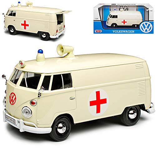 Motormax Volkwagen T1 Kasten Krankenwagen Notarzt Cream Beige Samba Bully Bus 1950-1967 1/24 Modell Auto mit individiuellem Wunschkennzeichen von Motormax