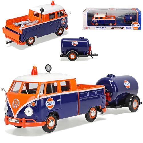 Motormax Volkwagen T1 Pritsche mit Tanker Anhänger Bus 1950-1967 1/24 Modell Auto mit individiuellem Wunschkennzeichen von Motormax