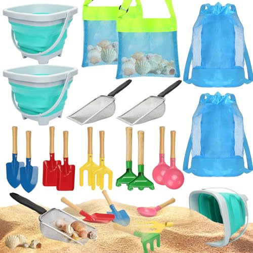 Mototo 18-teiliges Strand-Sandsieb-Spielzeug-Set, Haifischzahnsieb, Strand-Mesh-Schaufel mit Muscheltaschen, zusammenklappbarer Strandeimer für Muscheln, Sammeln von Haifischzähnen, Spielspielzeug von Mototo
