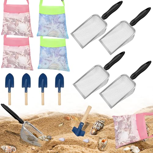 Mototo Strand-Sandspielzeug-Set mit 4 Netzschaufeln, 4 Netz-Muscheltaschen, 4 kleinen Schaufeln, Sandschaufel, Haifischzahnsieb, Dipper Muschel, Sammeltasche, Strandspielzeug, Werkzeug-Set für von Mototo