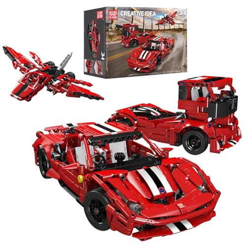 Mould King 10076 Technik Auto Baukasten (718 Teile), Das 3 in 1 Baustein (Sportwagen/LKW/Flugzeug), Roter 488-Rennwagen Klemmblock, Automodell zum Sammeln Geschenk für Kinder 8+ von Mould King