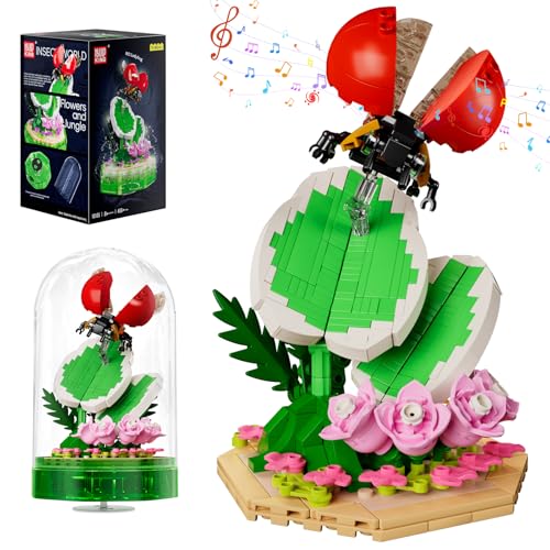 Mould King 10105 Blumen Insekten Klemmbausteine Marienkäfer Insekt Bausteine Spieluhr Reptilienlandschaft mit LED und Acryl Vitrine Insekten Sammlung(455 Teile) von Mould King