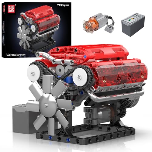 Mould King 10155 MOC Technik （V8） Achtzylinder-Motor Reihenbenzinmotor-Blockbausatz Technologie Klemmbausteine Bausatz Enthält und Batteriekasten Auto V8-Motor Modell (552 Teile+) von Mould King