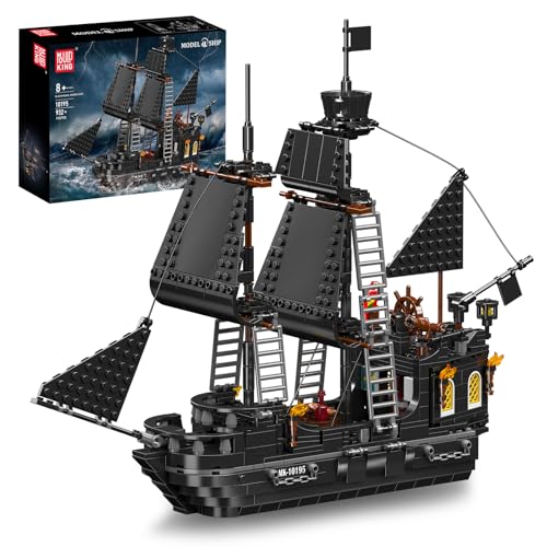 Mould King 10195 MOC Black Pearl Piratenschiff Klemmbausteine Bausatz,Technik Schwarze Segel-Kriegsschiff Bausteinspielzeug STEM Technik Schiff Klemmbausteine Bausatz Modell（932+Teile ） von Mould King