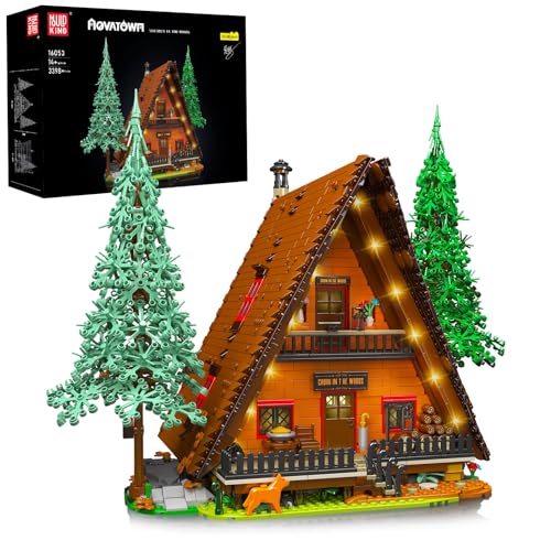 Mould King 16053 A-Frame Cabin Lighting Modellbausatz, Baumhaus Holzhütte Modulares Haus Bauklötze Set mit LED Set, Geschenk zu Weihnachten für 14+(3398 Teile) von Mould King