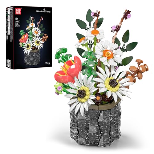 Mould King 24107 Blumen-Baustein-Set (mit Vase) | Sonnenblumen, Tulpen und Gänseblümchen | Künstliche Blumen DIY-Modell, kreative Serie für künstliche Pflanzenstrauß-Bastelsets 1157+Teile von Mould King