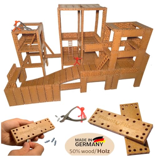 Mount-Flix Basis Set - kreatives Kinderspielzeug aus Biokunststoff mit 50% Holz, vielseitiges Kinder-Konstruktionsspielzeug, Baukasten mit 160 Bausteinen inkl. Zange und Stiften von Mount-Flix