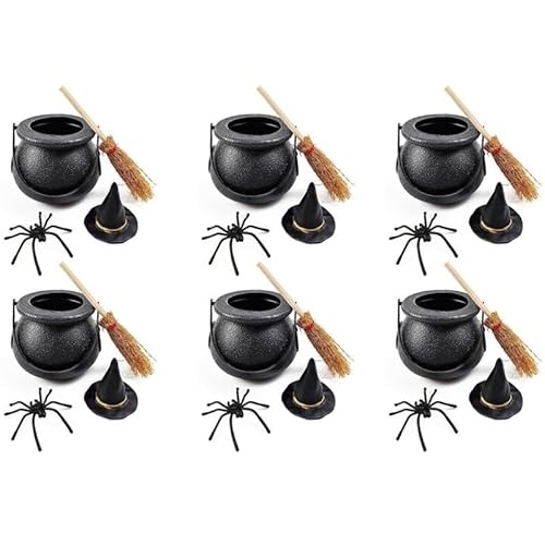 Mini-Hexenkessel für Halloween, 6 Stück, kleiner Kunststoff-Kessel mit Spinne, Besen, Hexenhut für Halloween, Puppenhaus, Bastelzubehör, Tischdekoration, 24-teiliges Set Mini-Hexenkessel für Halloween, 6 Stück, kleiner Kunststoff-Kessel mit Spinne, Besen, Hexenhut für Halloween, Puppenhaus, Bastelzubehör, Tischdekoration, 24-teiliges Set von Mounteps