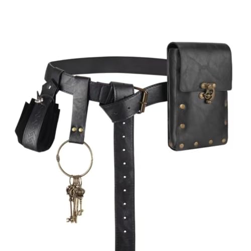Mounteps Renaissance-Gürtel aus Leder mit Handytasche, Mittelalter-Festival, Halloween, Cosplay, Kostümzubehör, verstellbarer Bund mit Vintage-Schnalle, authentischer Wikinger-Stil (schwarz) von Mounteps