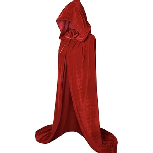 Samtiger Kapuzenmantel mit Kapuze,170cm Cape, langes Halloween-Vampir-Kostüm, Hexenkostüm (Rot) von Mounteps