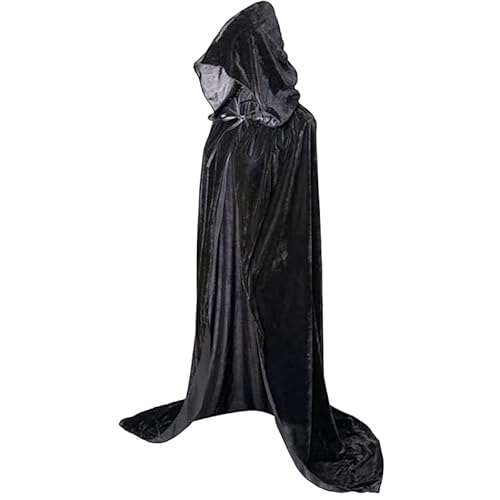 Samtiger Kapuzenmantel mit Kapuze,170cm Cape, langes Halloween-Vampir-Kostüm, Hexenkostüm (Schwarz) von Mounteps