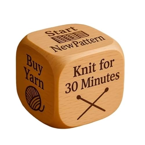Strickwürfel, 6-seitig, handgefertigt, aus Holz, mit gravierten Bastelaufgaben, lustiges Bastelspiel mit lustigen Anweisungen wie "Garn kaufen" und "Neues Muster starten", tolles Geschenk für Bastler von Mounteps