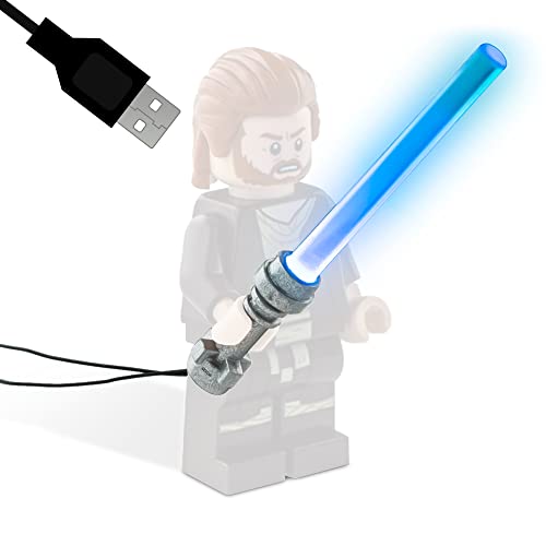 Laserschwert mit LED und USB Anschluss | Kompatibel mit Lego Star Wars | 80cm Kabel super Dünn | Für Minifiguren | Silberner Griff | (Blau, 80cm) von Movoja