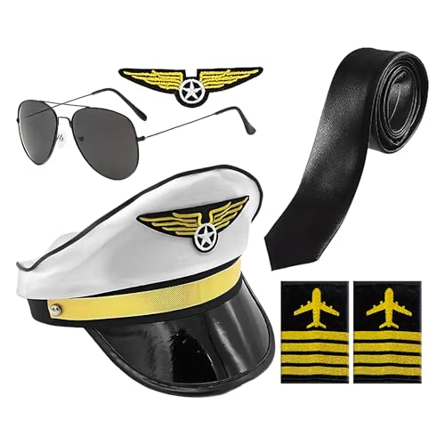 Moxeupon Kostümzubehör Set, Kids Cosplay Accessoires Set, Airline Pilot Captain Kostüm Dress Up Accessoire, Neuheit Bekleidungshut Krawatte Eruten und Abzeichen für Karneval, Fotografie Moxeupon Kostümzubehör Set, Kids Cosplay Accessoires Set, Airline Pilot Captain Kostüm Dress Up Accessoire, Neuheit Bekleidungshut Krawatte Eruten und Abzeichen für Karneval, Fotografie von Moxeupon