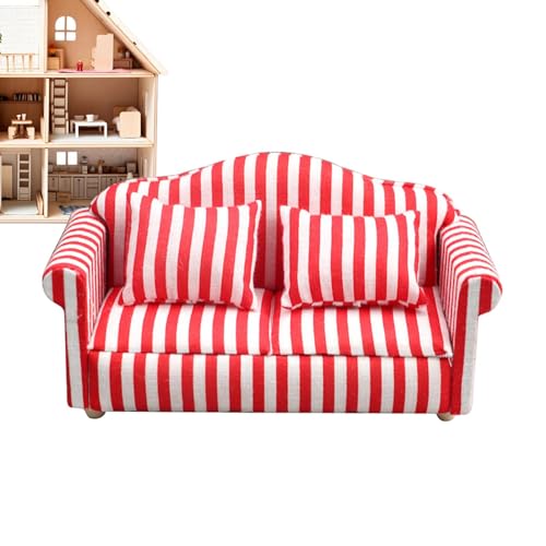 Moxeupon Miniatur-Puppenhaus-Couch-Sofa, Puppenhaus-Couch mit Kissen,Miniatur-Sofa-Sessel-Spielzeug im Maßstab 1:12 | Hochsimuliertes Miniatursofa aus Holzstoff, rote und weiße Streifen, von Moxeupon