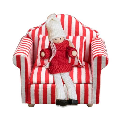 Moxeupon Puppenhaus-Couch, Puppenhaus-Sofa-Sessel,Miniatur-Sofa-Sessel-Spielzeug im Maßstab 1:12 - Miniatursofa aus Holzstoff, rote und weiße Streifen, hochsimuliertes Kinderspielzeug für Mädchen von Moxeupon