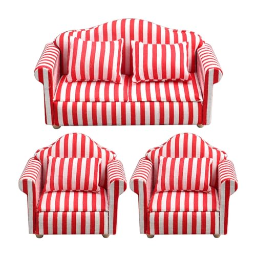 Moxeupon Puppenhaus-Couch mit Kissen, Puppenhaus-Sofa-Set - Miniatur-Möbelspielzeug im Maßstab 1:12 | Hochsimuliertes Miniatursofa aus Holzstoff, rote und weiße Streifen, Kinderspielzeug, Geschenk für von Moxeupon
