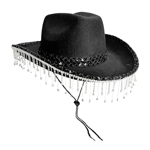 Moxeupon Western Cowboy Hat - Westernhut für Kostümfeste,Modischer Glitzer Countrystyle-Kopfbedeckung mit Strass-Quaste für Musikfestivals und Partys von Moxeupon