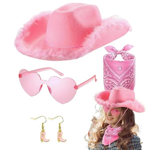 Rosa Cowgirl-Hut, Rosa Kostüm-Cowboy-Hut | 4X Karnevals-Cowgirl-Hut für Damen in Rosa | Fotografie Maskerade Plüsch Mode Cowgirl Rollenspiel Hut mit Bandana für Freundin Rosa Cowgirl-Hut, Rosa Kostüm-Cowboy-Hut | 4X Karnevals-Cowgirl-Hut für Damen in Rosa | Fotografie Maskerade Plüsch Mode Cowgirl Rollenspiel Hut mit Bandana für Freundin von Moxeupon