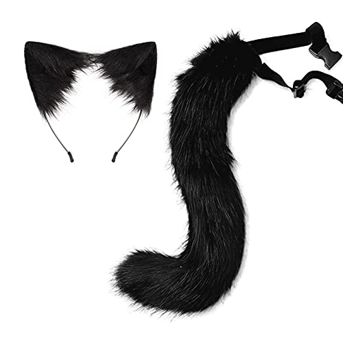 Moyubath Katzenohren-Haarreif, Wolf, Fuchsschwanz, handgefertigt, Tier-Kostüm, Kunstfell, Kopfschmuck, Party-Zubehör, schwarz, Damen, Kinder von Moyubath