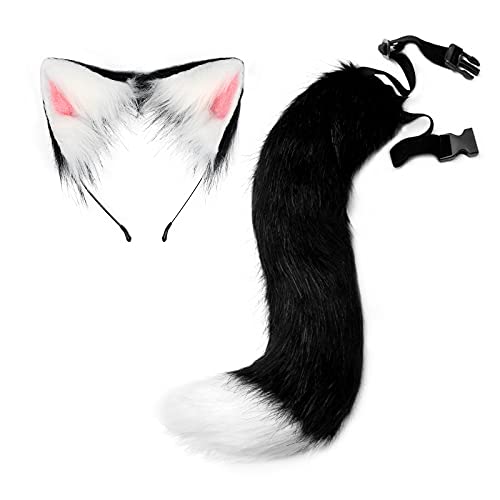 Moyubath Katzenohren Stirnband Wolf Fuchsschwanz Set Handgemachte Tier Cosplay Kostüm Kunstfell Kopfschmuck Party Zubehör, Schwarz-Weiß, women,kids von Moyubath