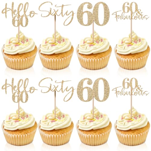 24 Stück Glitzer 60. Geburtstag Cupcake Topper Cupcake-Topper Zum 60. Jahrestag, Goldener Glitzer, 60 Geburtstag Deko Für Die Kuchendekoration Zum 60. Und Hochzeitstag von Mozeat Lens