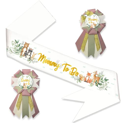 Woodland Baby-Party-Schärpe, Ansteckblume mit Aufschrift "Mommy to Be & Daddy to Be", Waldtiere, neutrale Schärpe mit goldfarbenen Glitzer-Buchstaben, Schärpe für Babyparty Woodland Baby-Party-Schärpe, Ansteckblume mit Aufschrift "Mommy to Be & Daddy to Be", Waldtiere, neutrale Schärpe mit goldfarbenen Glitzer-Buchstaben, Schärpe für Babyparty von Mpanwen