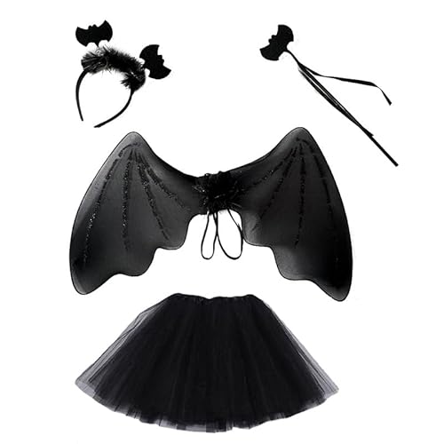 Fledermaus Kostüm Kinder, 4 Stück Fledermaus Kostüm Set Mädchen Tutu, Halloween Kinder Kostüme für Cosplay Party Mottoparty Fasching von MplehDa
