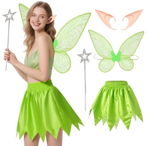 5-teiliges Halloween-Kostüm-Zubehör-Set für Damen, Gilr mit grünen Feenflügeln, Elfenohren, Sternstab, Rockkleid für Halloween-Party, Cosplay, Weihnachten, Foto-Requisiten von Mprocen
