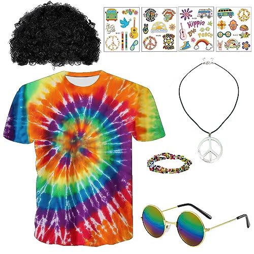 70er Jahre Hippie Kostüm Hippie T-Shirt Schwarz Perücke Sonnenbrille Peace Halskette Stirnband, 60er 70er Jahre Outfit Hippie Kleidung für Karneval Party 70er Jahre Motto Party, Männer Damen von Mprocen