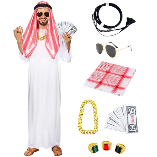 Arabischer Kostüm Herren, Arab Robe Für Männer, Arabische Lockeres Langärmeliges Weiße Robe Mit Kopftuch Fingerring Halsketten Sonnenbrille Für Halloween Karneval Cosplay Party von Mprocen