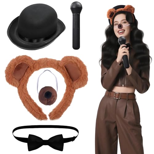 Bärenkostüm-Zubehör-Set, Plüsch-Bär-Ohren, Stirnband, Hut, Nase, Fliege und Mikrofon für Cosplay, Bären-Verkleidung, niedliches pelziges Tier-Zubehör für Halloween, Karneval, Buchwoche, 5-teilig von Mprocen