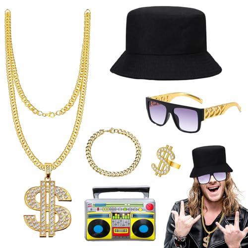 Disco Kostüm Zubehör, 80er Jahre Outfit Herren, 90er Rapper Hiphop Kostüm Mit Halskette, Dollarzeichen Ring, Retro Sonnenbrille, Armband, Tonbandgerät Luftballon Für Halloween Karneval Cosplay von Mprocen