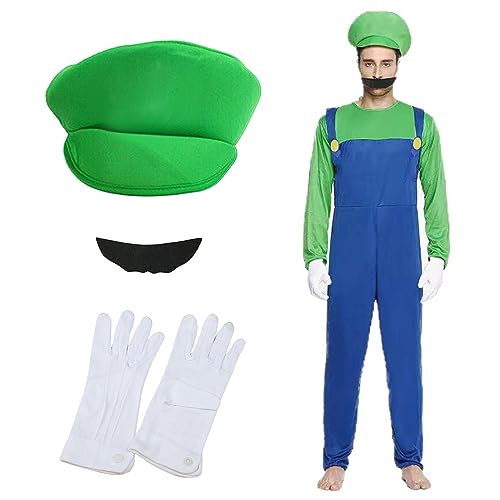 Mario Kostüm für Erwachsene, Mario Fancy Dress Kostüm mit Bodysuit, Mario Mütze, Bart und Handschuhe, Mario Luigi Bros Fancy Dress Männer Karneval Halloween Cosplay Kostüm (Green, L) von Mprocen
