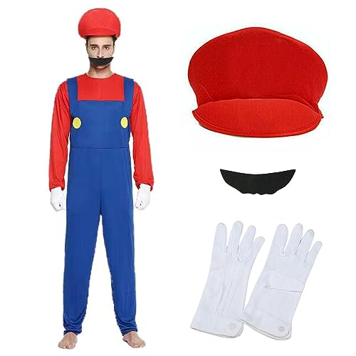 Mario Kostüm für Erwachsene, Mario Fancy Dress Kostüm mit Bodysuit, Mario Mütze, Bart und Handschuhe, Mario Luigi Bros Fancy Dress Männer Karneval Halloween Cosplay Kostüm (Red, L) von Mprocen