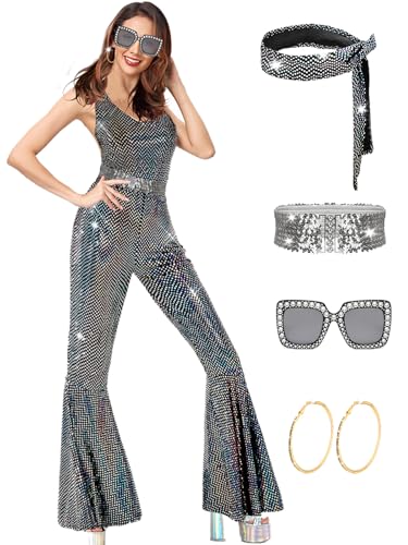 Mprocen 70er Jahre Disco Kostüm für Frauen - Fancy Dress Jumpsuit für Halloween, Karneval und 1970er Theme Party von Mprocen