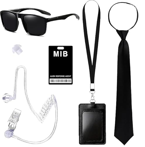 Mprocen Geheimdienst Kostüm Set Agent Kostüm Zubehör, Spion Kostüm Zubehör mit schwarzer Sonnenbrille Zip Krawatte Hörer ID Karte und Kartenhalter von Mprocen