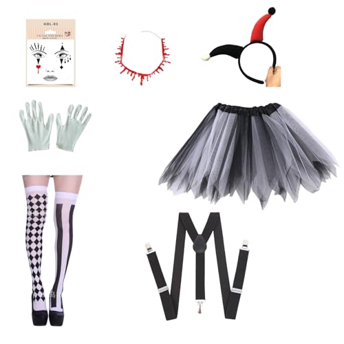 Mprocen Halloween Schwarz Weiß Clown Tutu Rock Outfit Set mit blutiger Halskette, Stirnband, Handschuhen, Aufklebern, Strapsen, Socken, für Halloween Karneval Cosplay Party, Frauen und Mädchen von Mprocen
